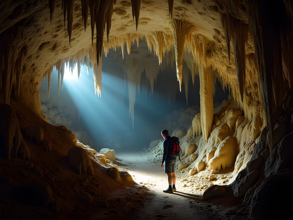 Explorer illuminating spectacular limestone formations in Nauru's hidden cave system