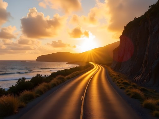 Sunset view of Nauru's coastal perimeter road with ocean on one side and limestone cliffs on the other