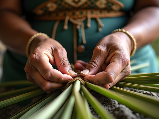 Nauruan elder demonstrating traditional pandanus leaf weaving techniques