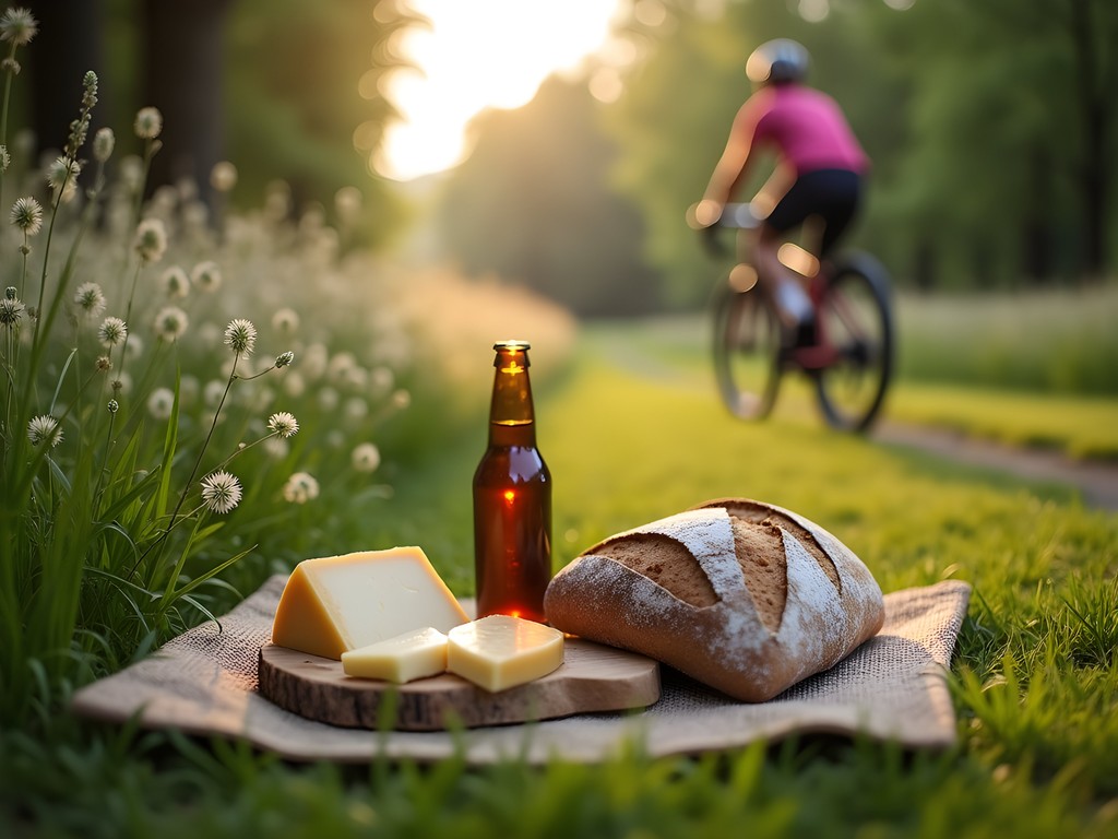 Picnic setup with Belgian bread, cheese and beer beside bicycle on countryside trail