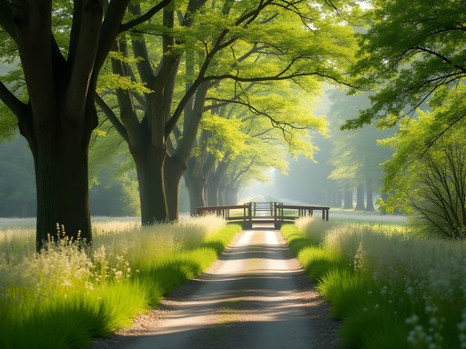Cycling path through lush green Palingbeek nature reserve with spring wildflowers