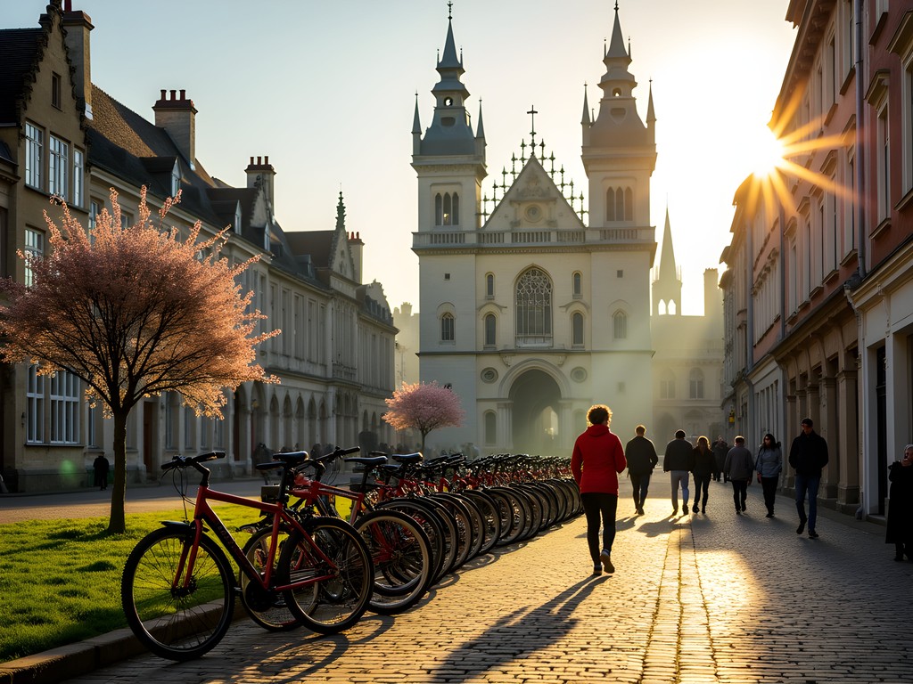 Bicycles parked in Ypres' historic Grote Markt with the rebuilt Cloth Hall in background