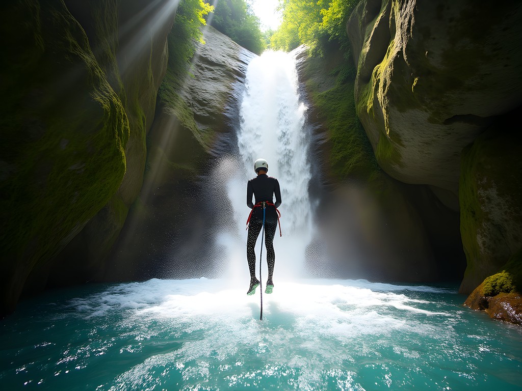 Canyoning adventure in Chli Schliere gorge showing rappelling down a waterfall surrounded by moss-covered rock walls