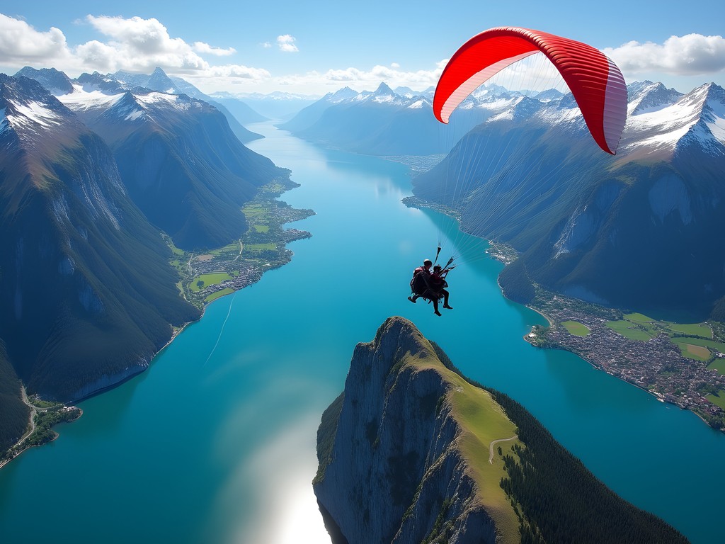 Tandem paragliding over the turquoise waters of Lake Lucerne with Mount Pilatus in the background