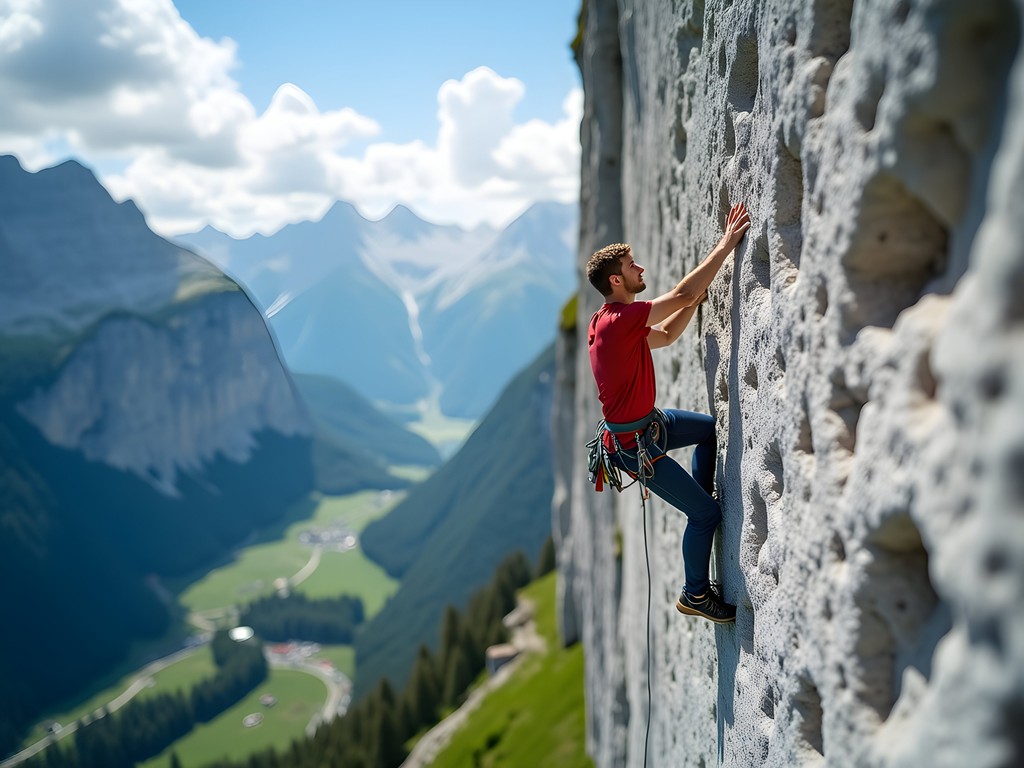 Technical rock climbing on vertical limestone walls in Engelberg with Swiss Alps panorama in the background