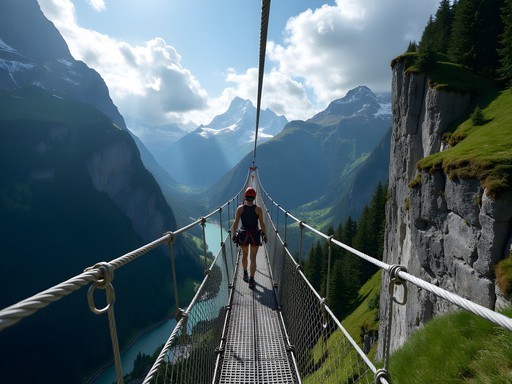 Climber crossing a dramatic wire bridge on the Mürren-Gimmelwald Via Ferrata with views of the Swiss Alps