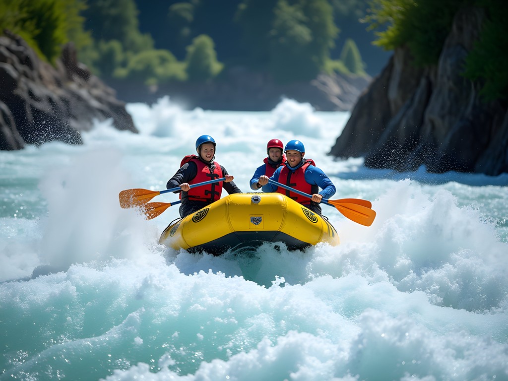 Group navigating class IV rapids on the glacier-fed Lütschine River near Interlaken with mountains in background