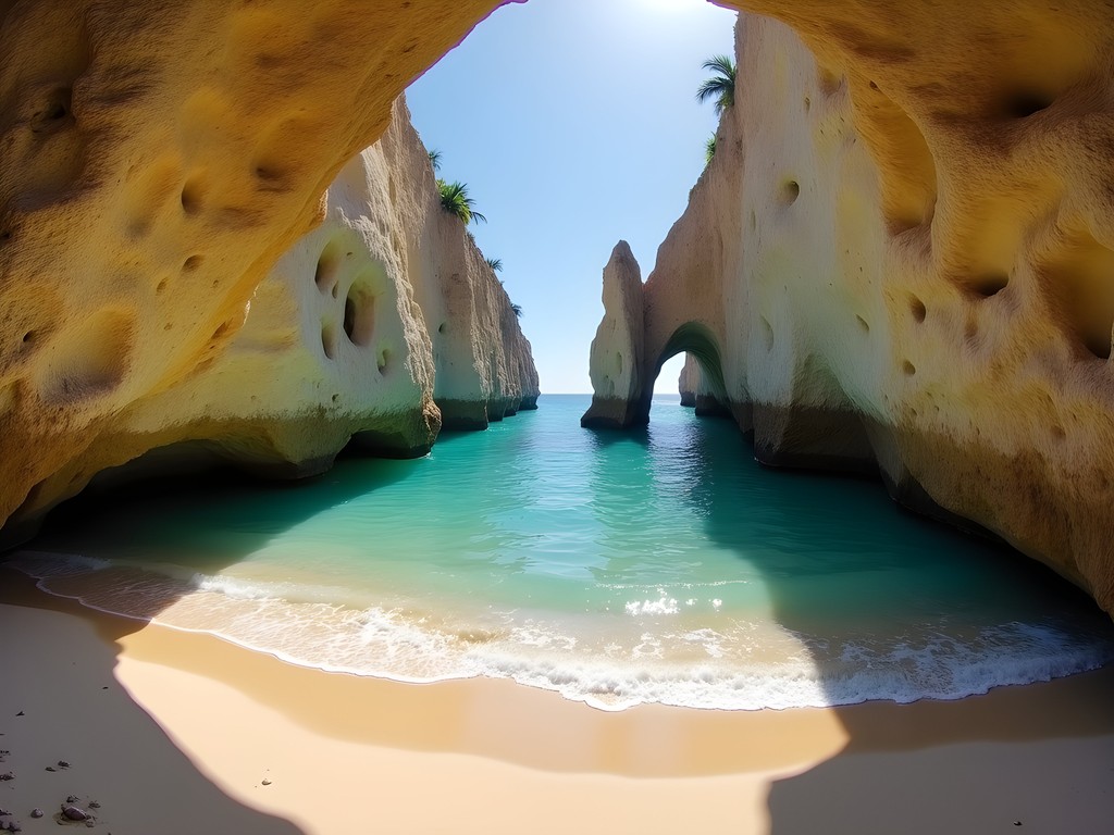 Secret cove beyond Playa Caletilla with dramatic rock arch and empty beach