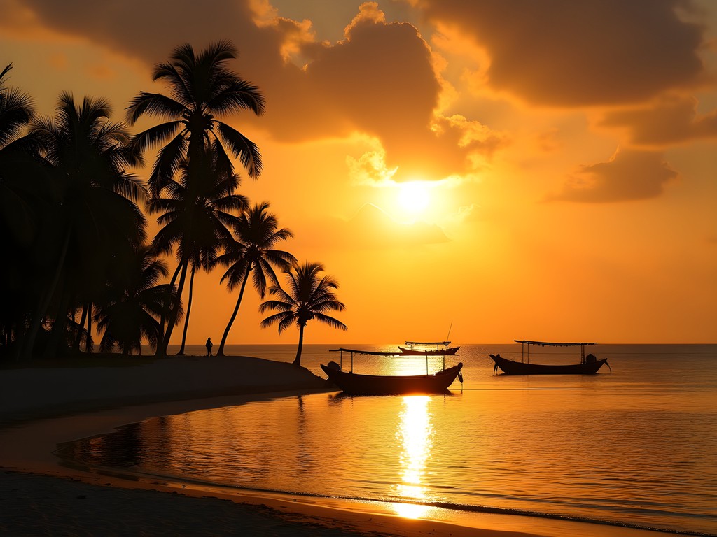 Golden sunset over Coyuca Lagoon at Playa Pie de la Cuesta with silhouetted palm trees