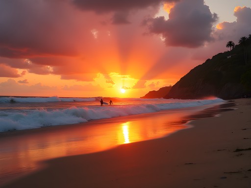 Dramatic sunset at Playa Bonfil with silhouetted surfers catching final waves