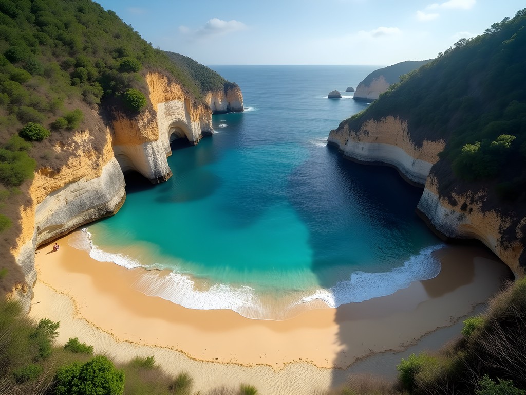 Pristine empty beach at Playa Pichilingue with dramatic rock formations and crystal water