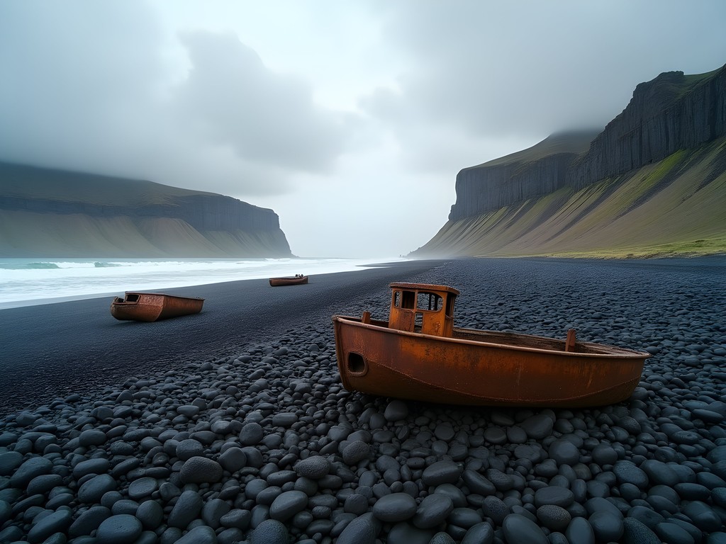 Dramatic black pebble beach at Djúpalónssandur with shipwreck remains and cliffs