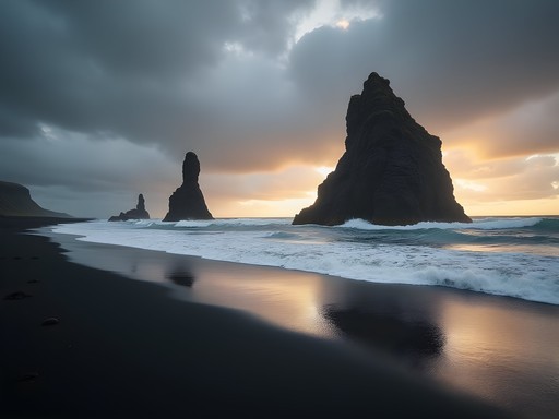Dramatic basalt rock formation at Hvítserkur Beach during low tide with black volcanic sand