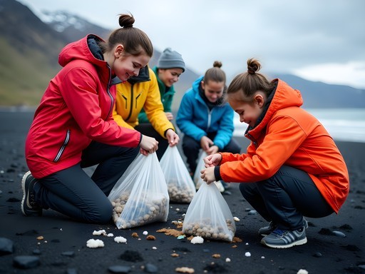 Volunteers participating in beach cleanup along Northern Iceland coastline near Akureyri