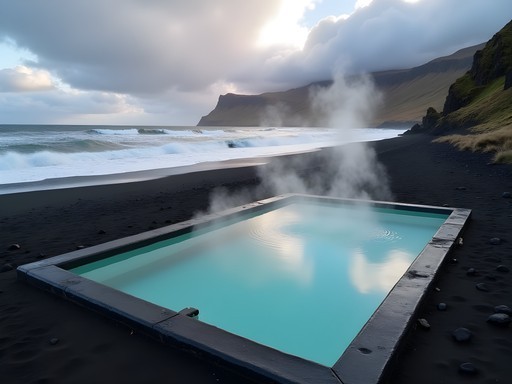 Krossneslaug geothermal pool overlooking black sand beach and ocean in Northern Iceland