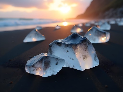 Ice chunks on black sand beach near Húsavík with morning light illuminating the ice formations