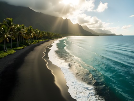 Dramatic contrast between black volcanic sand and turquoise waters at Aganoa Beach