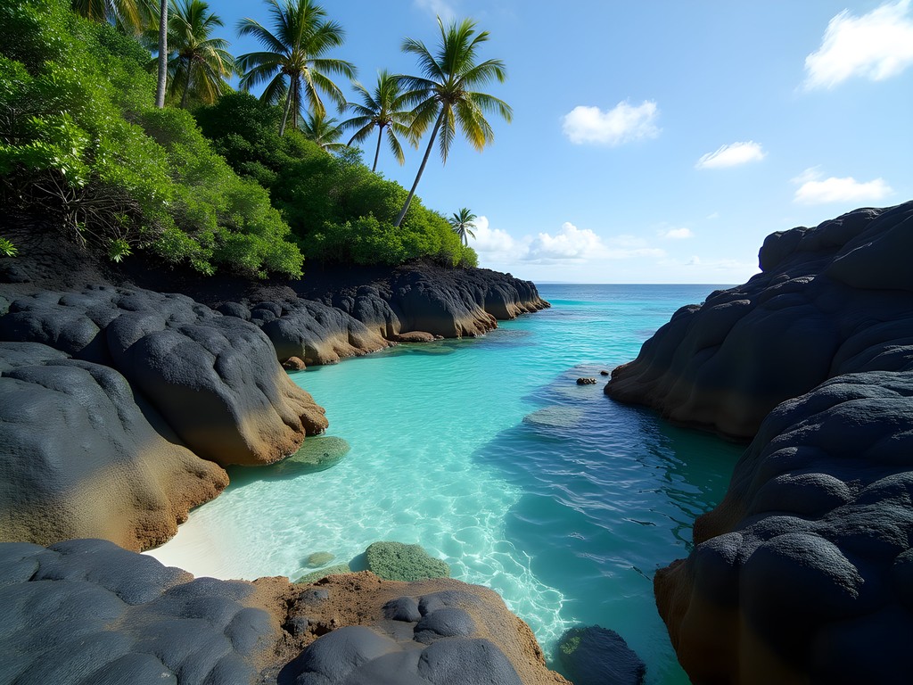 Natural tide pools formed among volcanic rocks at Salamumu Bay with jungle backdrop