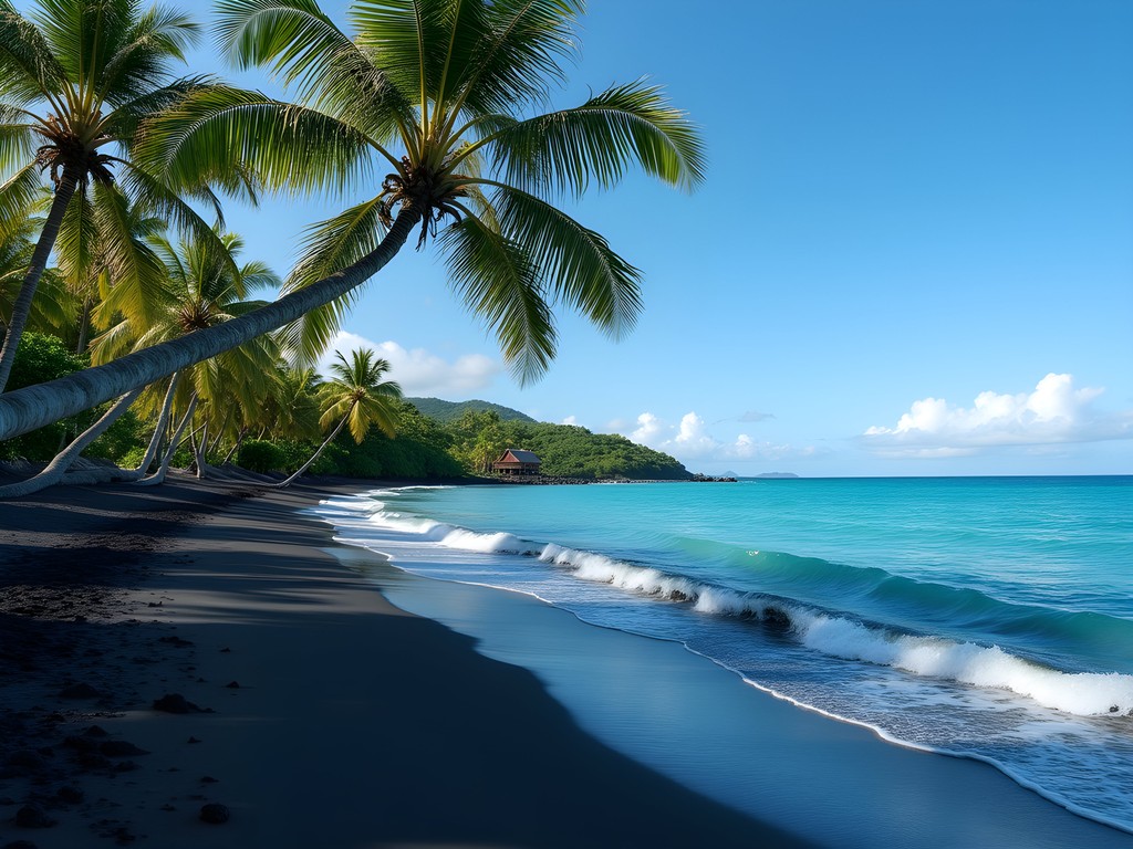 Dramatic black volcanic sand beach at Aganoa with palm trees and crystal clear water