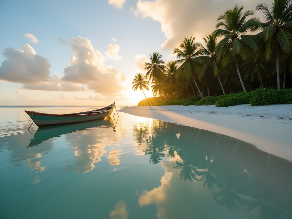 Serene morning at Fagamalo Beach with perfectly still water reflecting palm trees