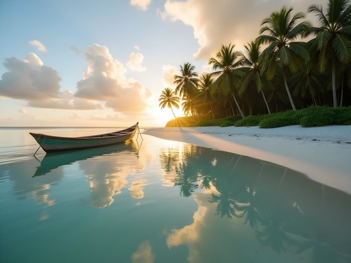 Serene morning at Fagamalo Beach with perfectly still water reflecting palm trees