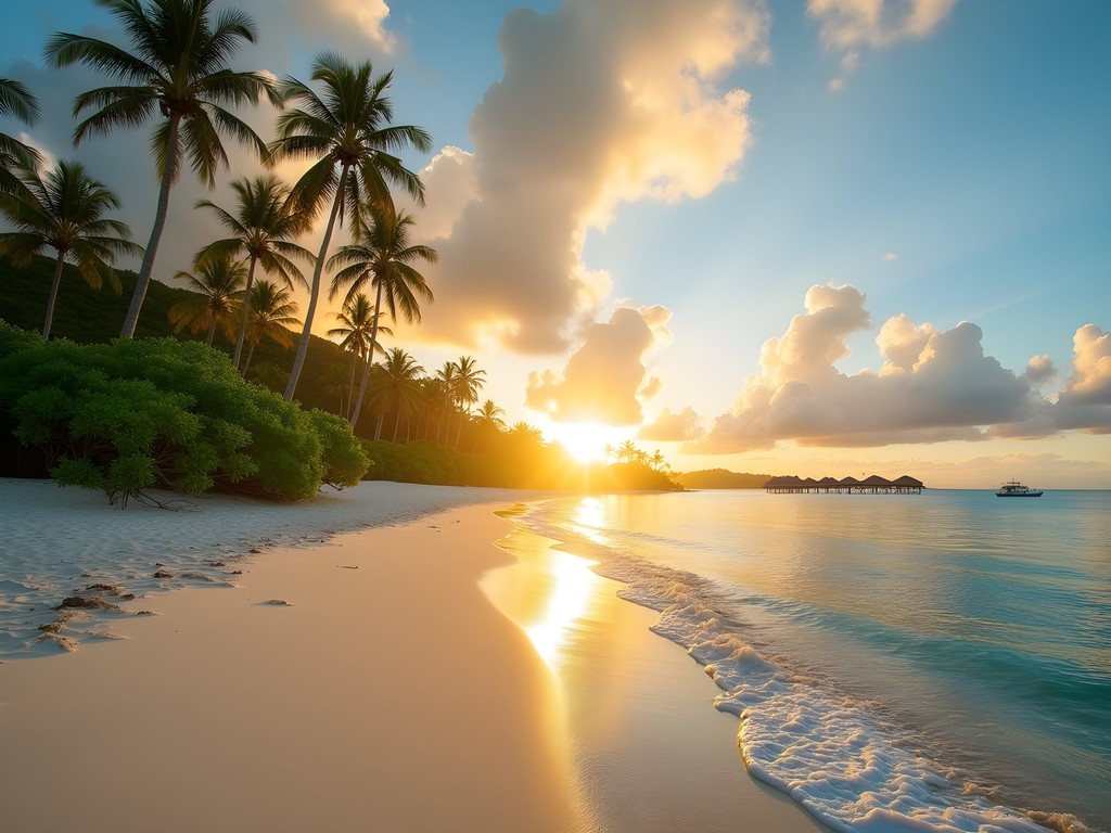 Sunrise over Lalomanu Beach in Samoa with palm trees silhouetted against golden morning light