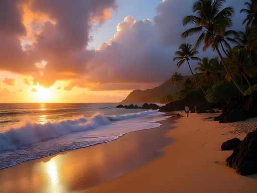 Dramatic sunset at Return to Paradise Beach with waves crashing against volcanic rocks