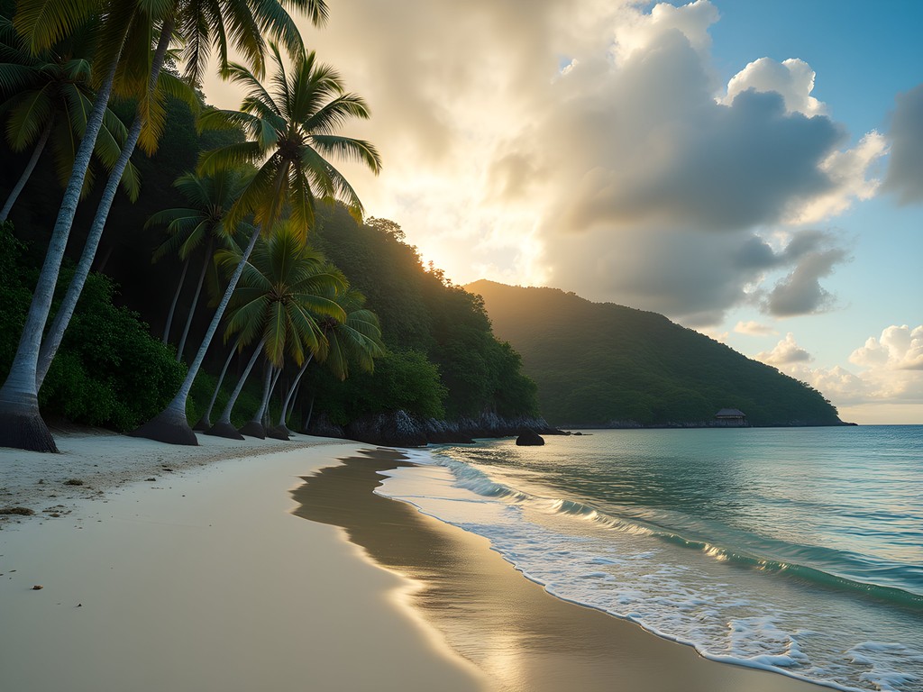 Lush jungle vegetation meeting white sand beach at Salamumu with dramatic cloud formations