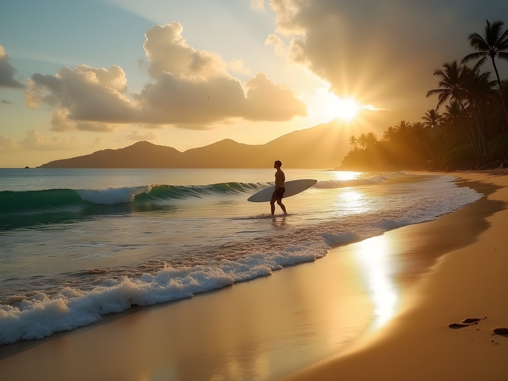 Perfect waves breaking at Tafatafa Beach with a lone surfer silhouetted against sunset
