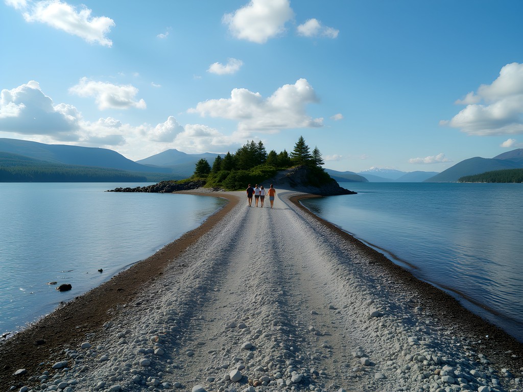 Family walking across the natural gravel bar to Bartlett Island at low tide