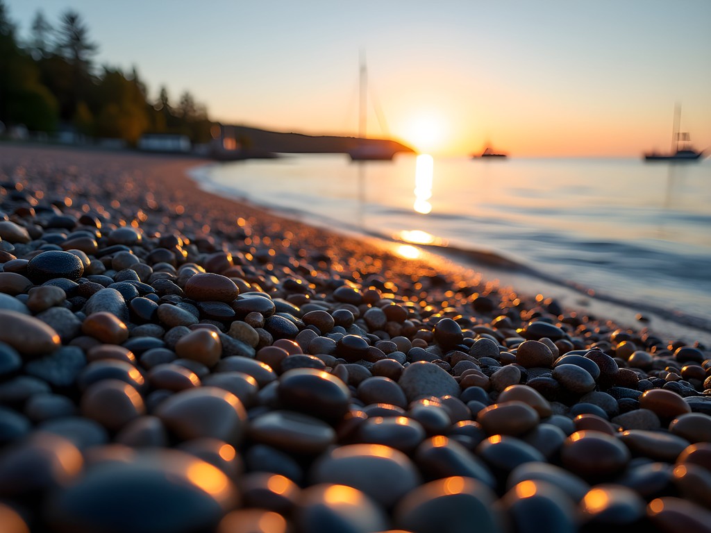 Sunrise illuminating the smooth stones of Hulls Cove Beach with Bar Harbor in distance