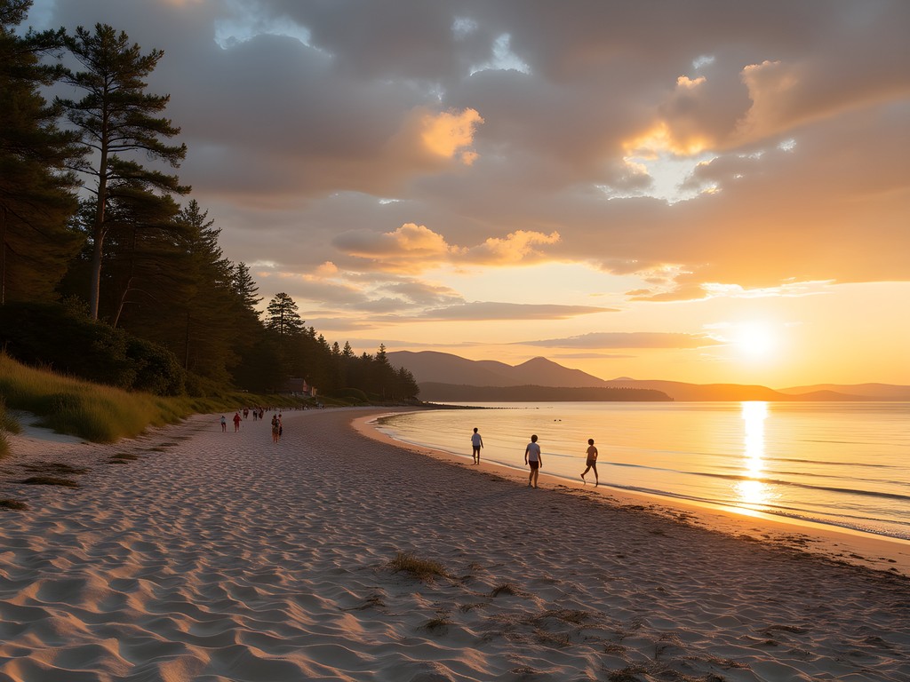 Families enjoying sunset at Lamoine State Park beach with Acadia mountains in background
