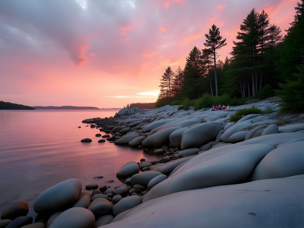 Family picnicking on granite formations at Pretty Marsh during golden hour sunset