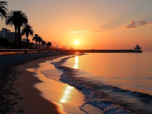 Sunset view from Badalona Beach with Barcelona skyline visible in distance