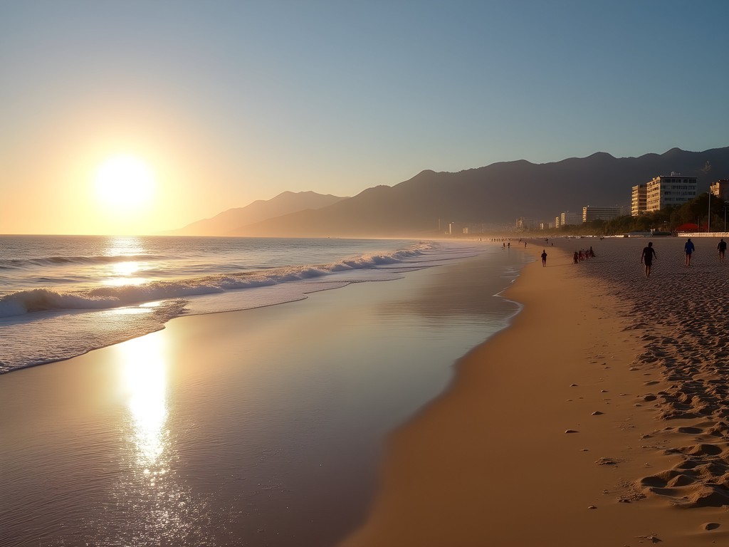 Castelldefels beach with mountain backdrop and calm Mediterranean waters