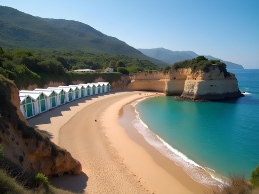 Garraf Beach with distinctive white and green beach huts and Mediterranean Sea