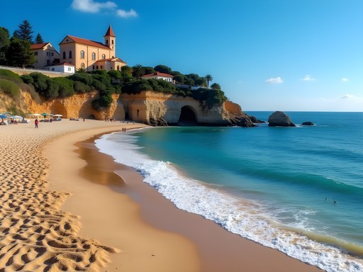 Sitges beach with iconic church and Mediterranean Sea view