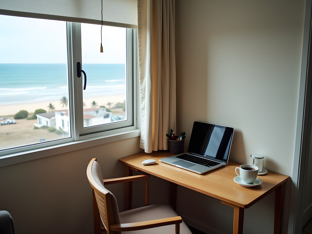 Budget-friendly accommodation in Beachme with improvised workspace setup