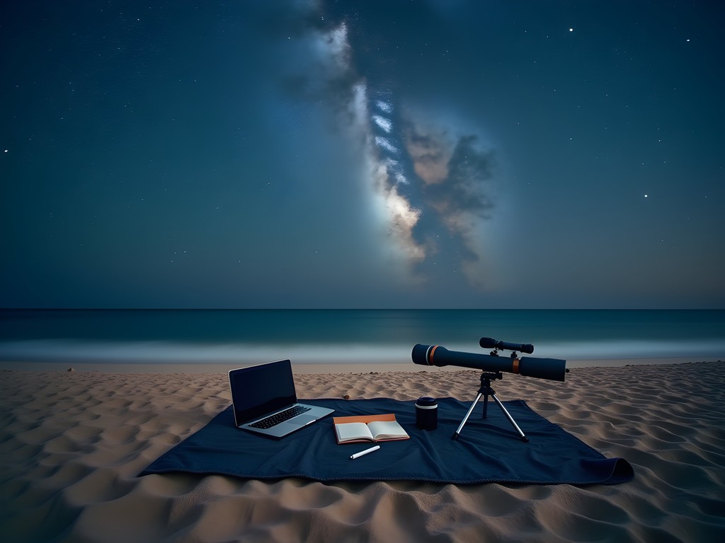 Evening stargazing session on Beachme shore with laptop nearby