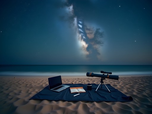 Evening stargazing session on Beachme shore with laptop nearby