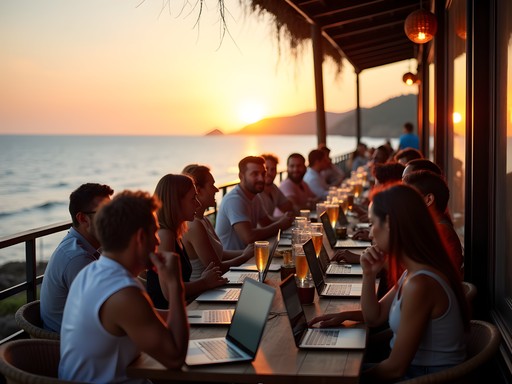 Digital nomads gathering for sunset networking at Beachme shoreline