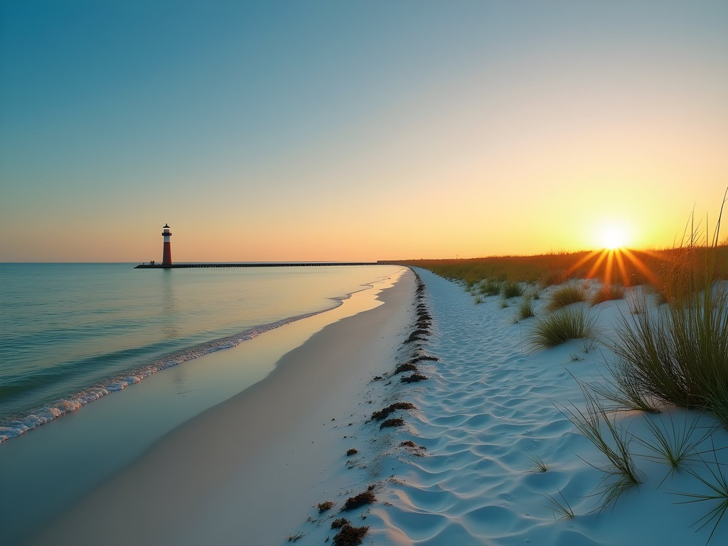 Sunrise over Biloxi Beach with the lighthouse silhouette in the distance