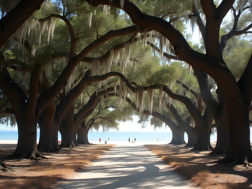 East Beach in Ocean Springs with ancient live oak trees framing the shoreline