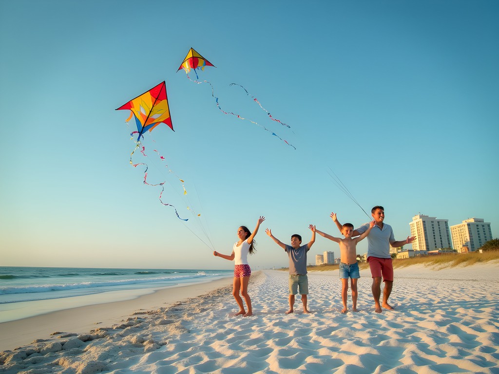 Family flying colorful kites on Biloxi Beach with casinos visible in background