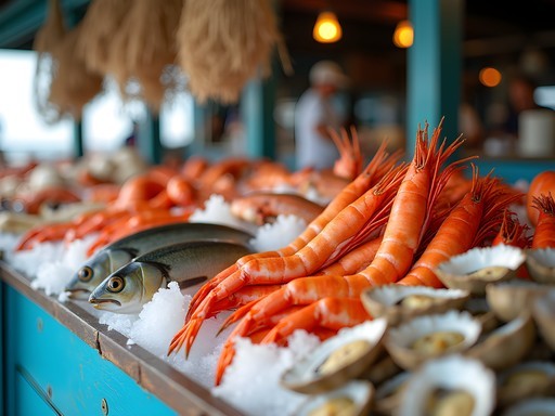 Fresh seafood display at coastal market near Biloxi Beach with Gulf shrimp and local catch
