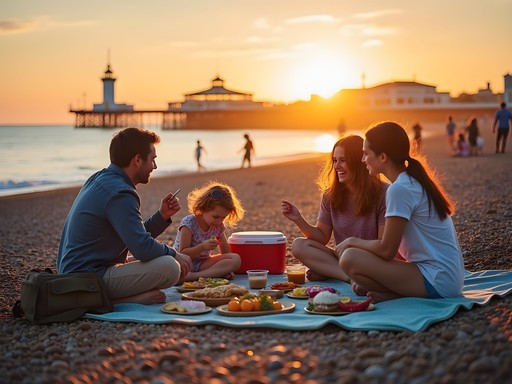 Family enjoying picnic on Brighton Beach with sunset over the West Pier ruins