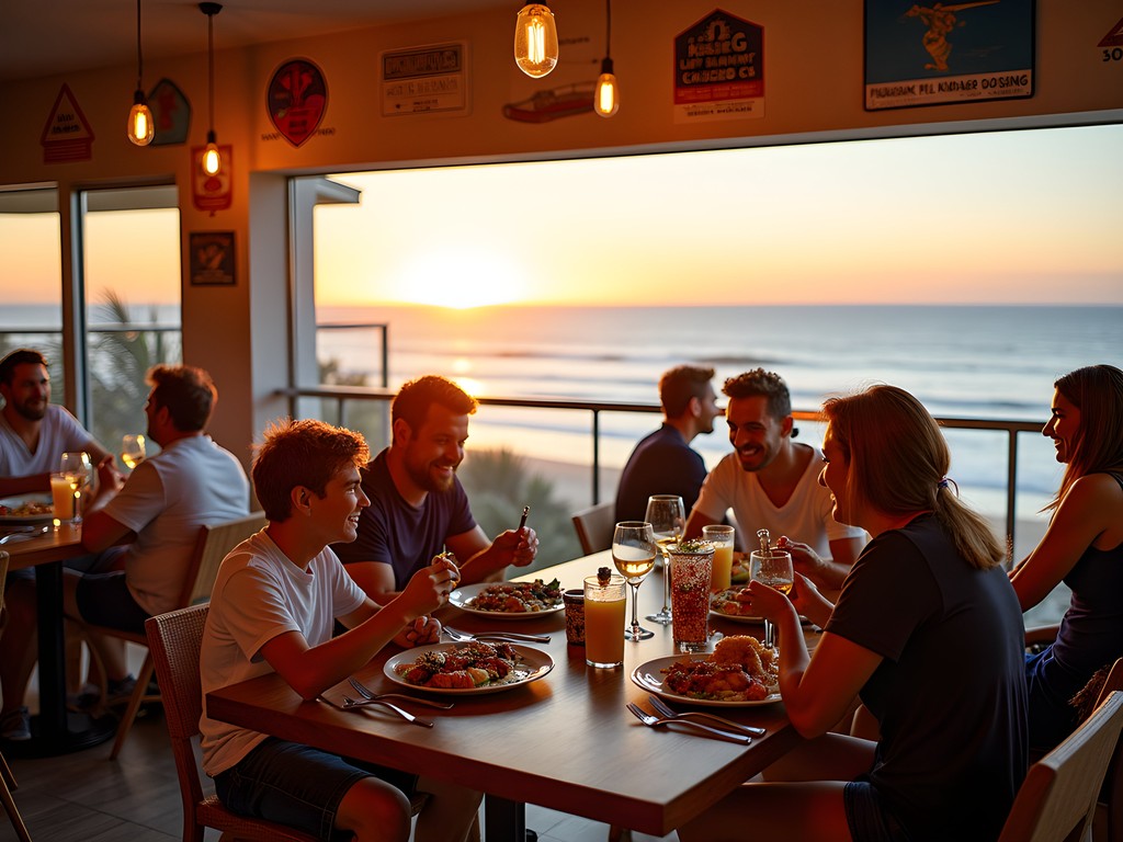 Family dinner at Currumbin Beach Surf Club with ocean views at sunset