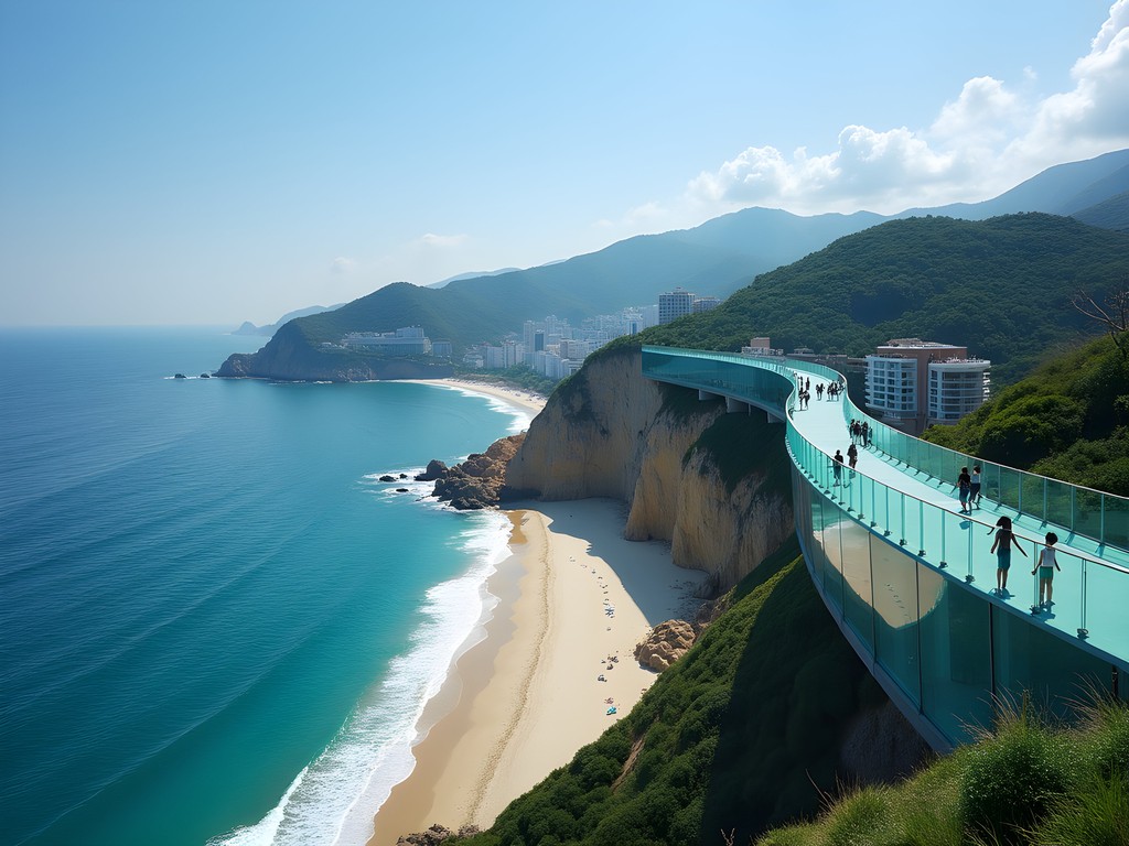 Songdo Cloud Trails skywalk extending over blue ocean waters with coastal cliffs and beach view