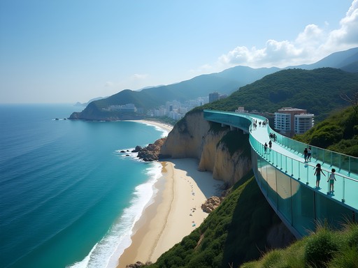 Songdo Cloud Trails skywalk extending over blue ocean waters with coastal cliffs and beach view