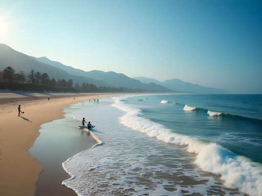 Surfers catching waves at Songjeong Beach with pine trees and mountains in background
